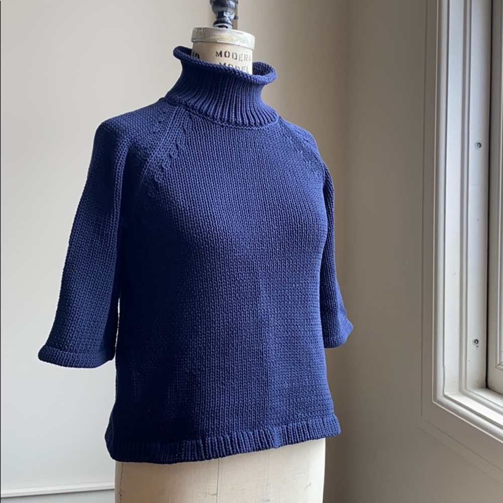 3/4 Sleeve Navy Blue Turtleneck Chunky Sweater